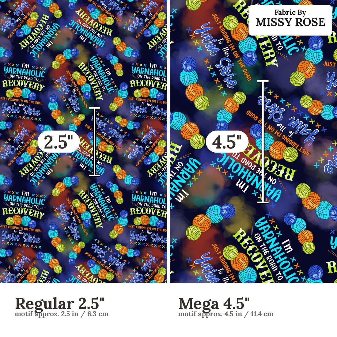 Design 900 Yarnaholic Fabric Regular 2.5 inch vs Mega 4.5 inch print scale side by side | Fabric by Missy Rose