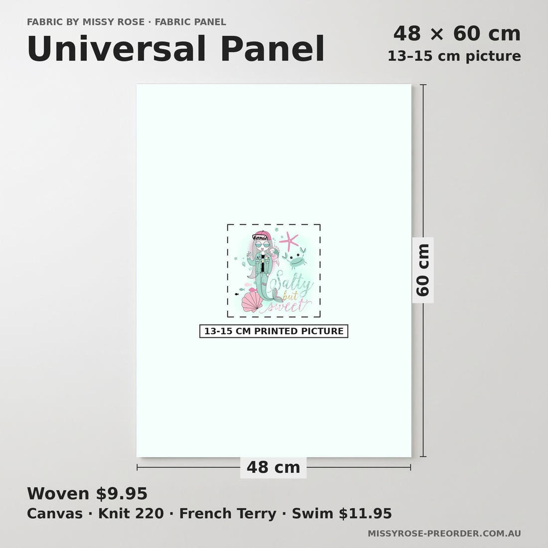 Design 901 Salty Mermaid Panel universal panel sizing – 13–15 cm printed picture on 48 × 60 cm fabric | Fabric by Missy Rose
