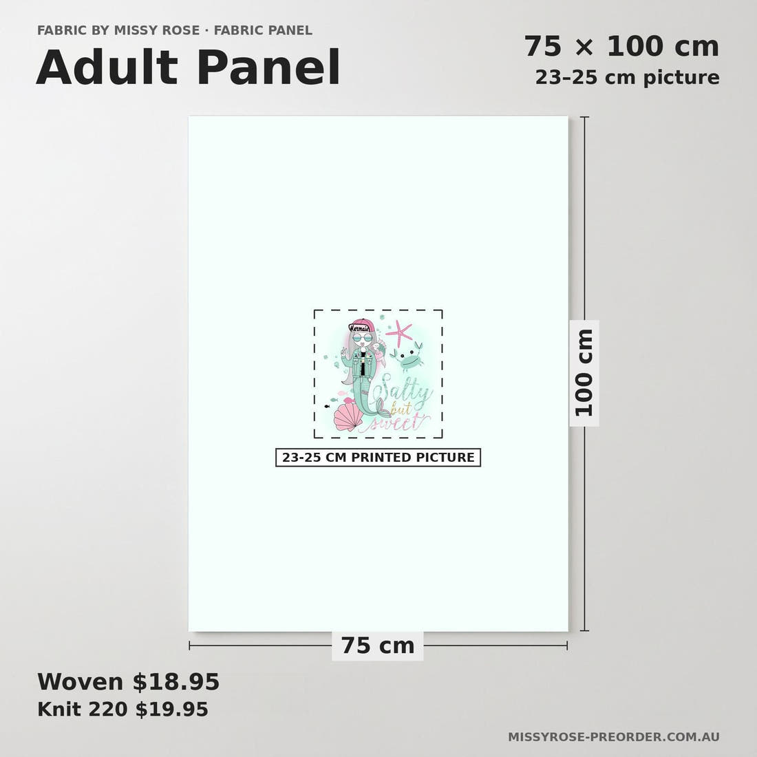 Design 901 Salty Mermaid Panel adult panel sizing – 23–25 cm printed picture on 75 × 100 cm fabric | Fabric by Missy Rose