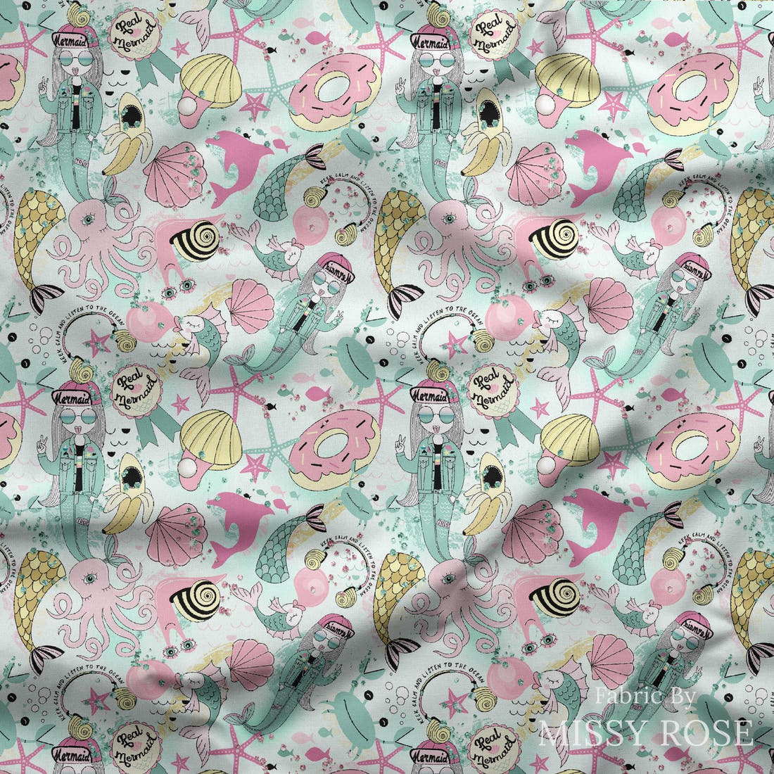 Design 901 Salty Mermaid Fabric draped fabric mockup – custom printed fabric by the metre | Fabric by Missy Rose