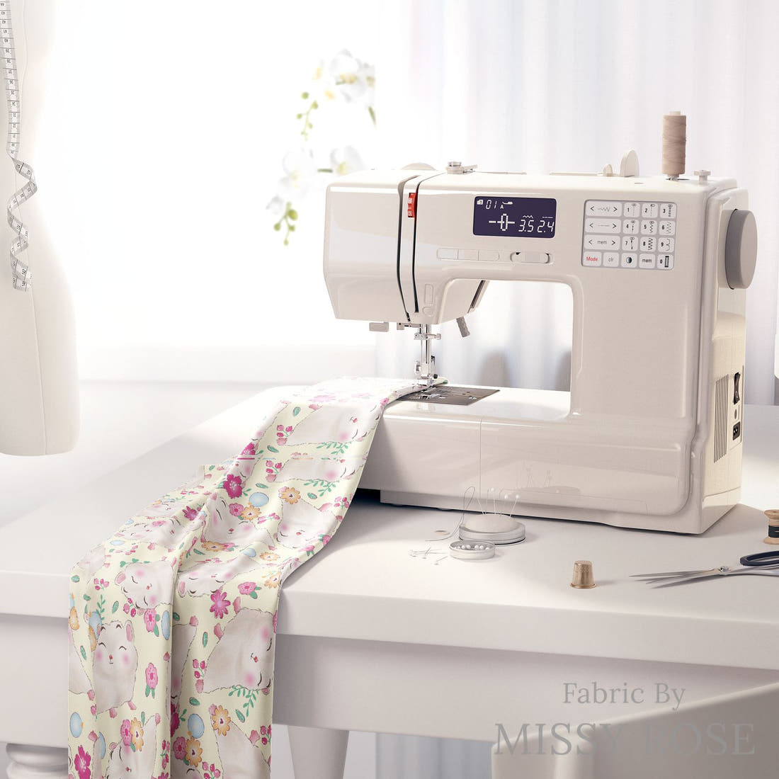 Design 902 Floral Hedgehog Fabric on a sewing machine – premium fabric for sewing projects | Fabric by Missy Rose