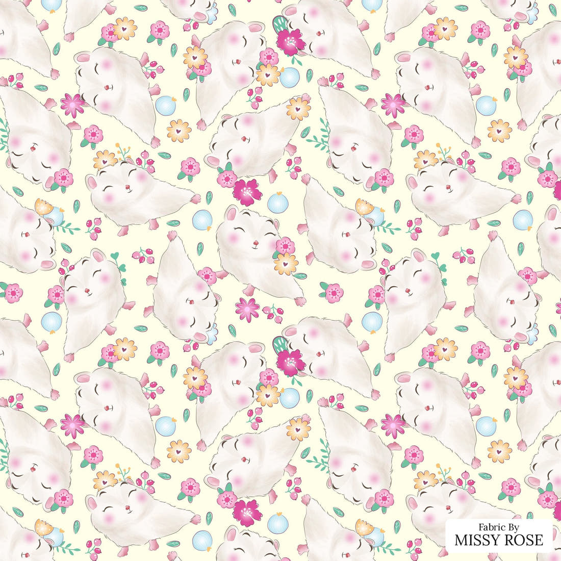 Design 902 Floral Hedgehog Fabric – flat view of the print, zoom in for detail | Fabric by Missy Rose