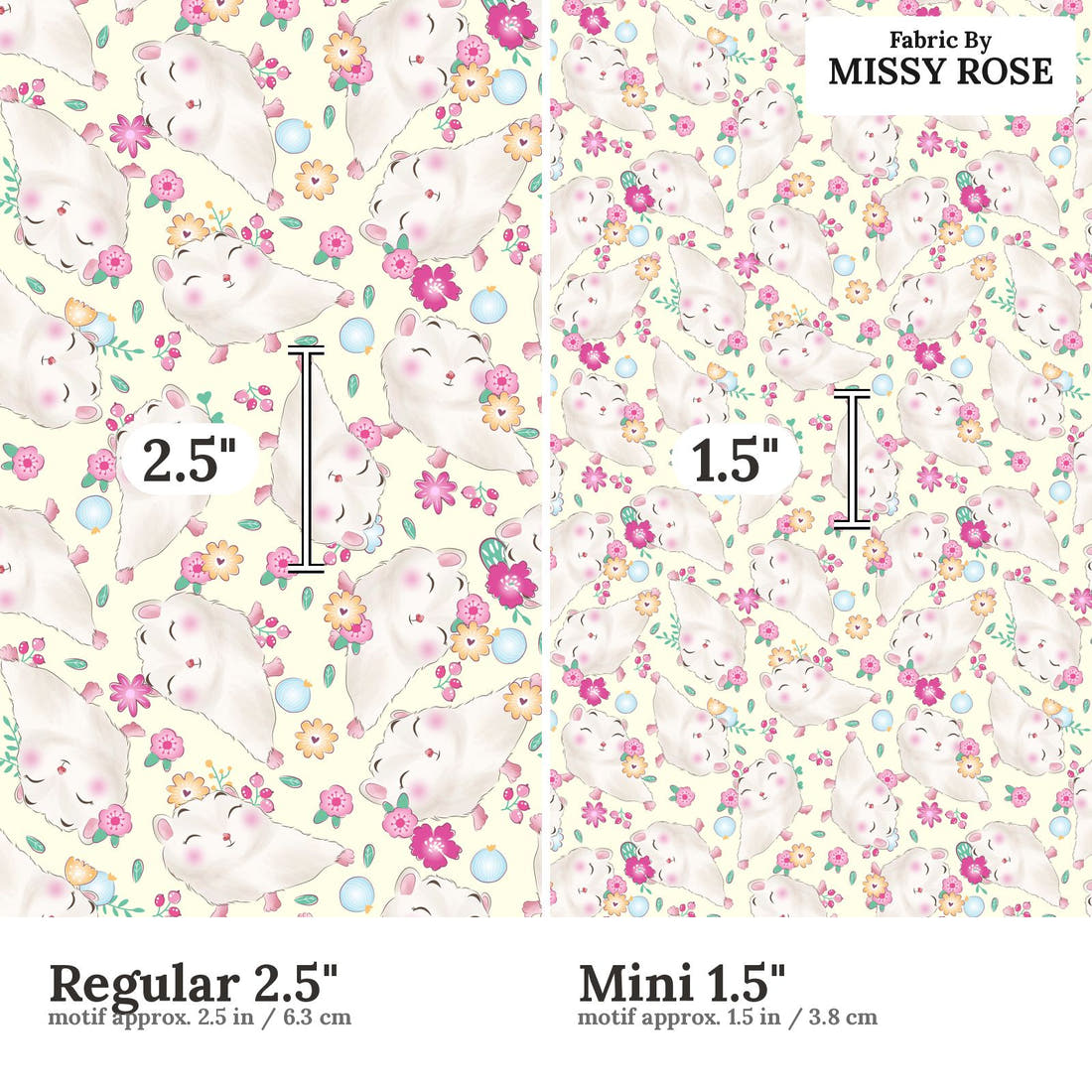 Design 902 Floral Hedgehog Fabric Regular 2.5 inch vs Mini 1.5 inch print scale side by side | Fabric by Missy Rose