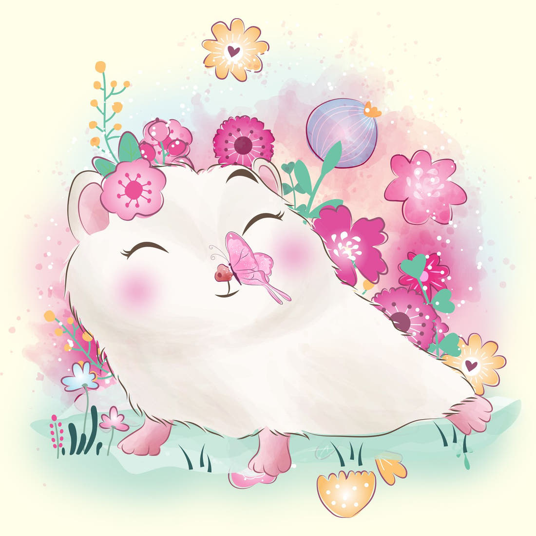 Design 902 Floral Hedgehog Panel – full artwork close-up of the printed picture | Fabric by Missy Rose