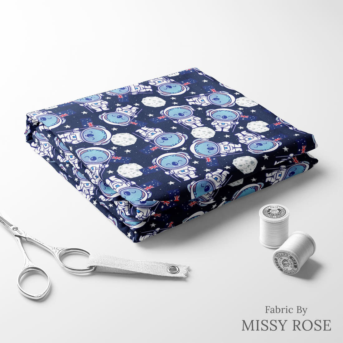 Design 903 Space Koala Fabric folded fabric stack with matching thread – pre-order fabric Australia | Fabric by Missy Rose