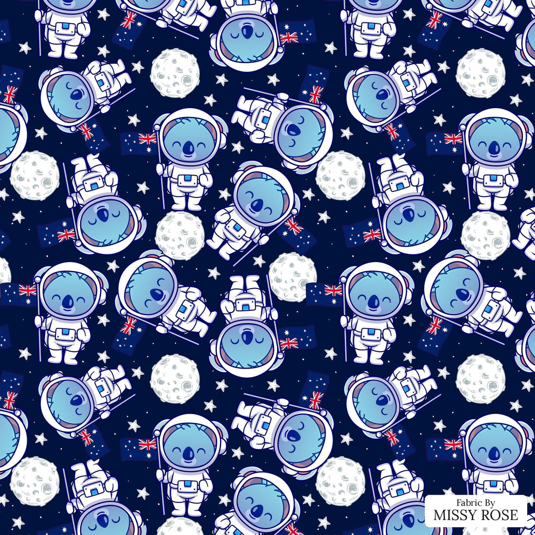 Design 903 Space Koala Fabric – flat view of the print, zoom in for detail | Fabric by Missy Rose
