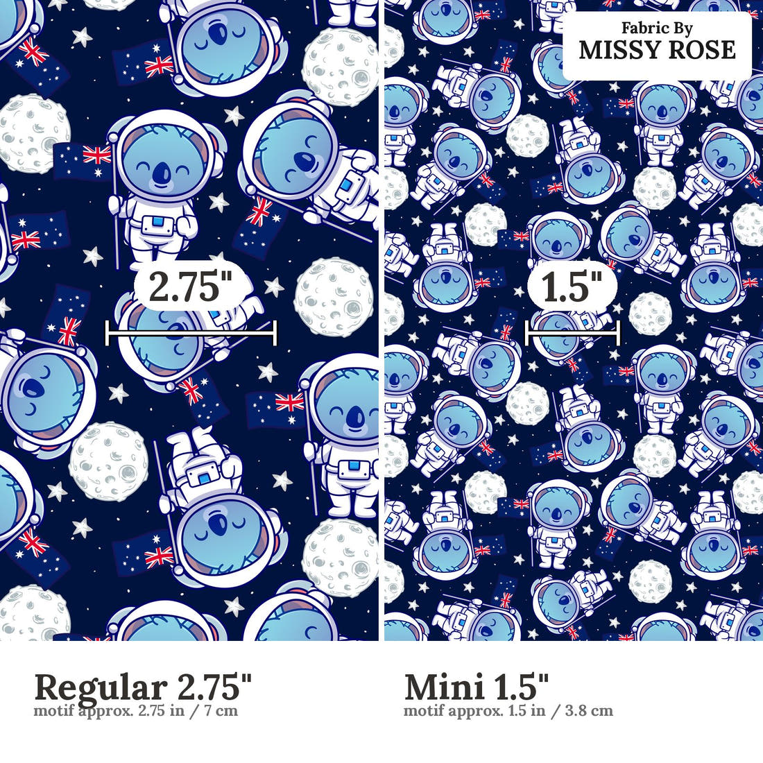 Design 903 Space Koala Fabric Regular 2.75 inch vs Mini 1.5 inch print scale side by side | Fabric by Missy Rose