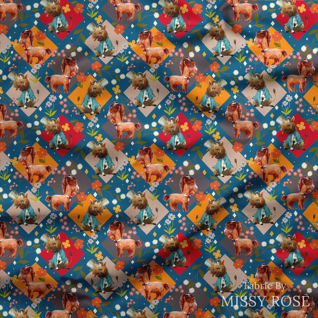 Design 904 Quirky Farm Animals Fabric draped fabric mockup – custom printed fabric by the metre | Fabric by Missy Rose