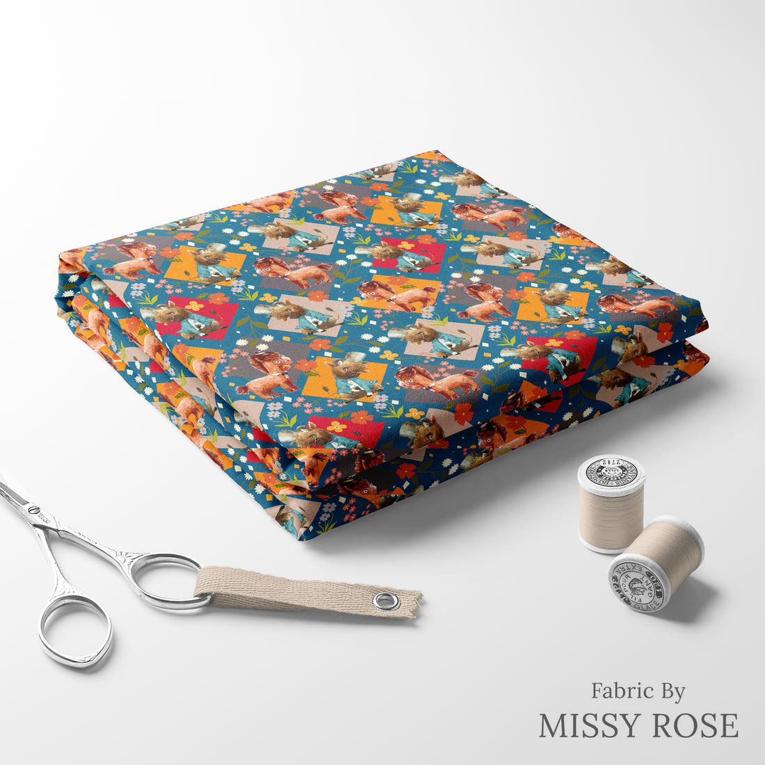 Design 904 Quirky Farm Animals Fabric folded fabric stack with matching thread – pre-order fabric Australia | Fabric by Missy Rose