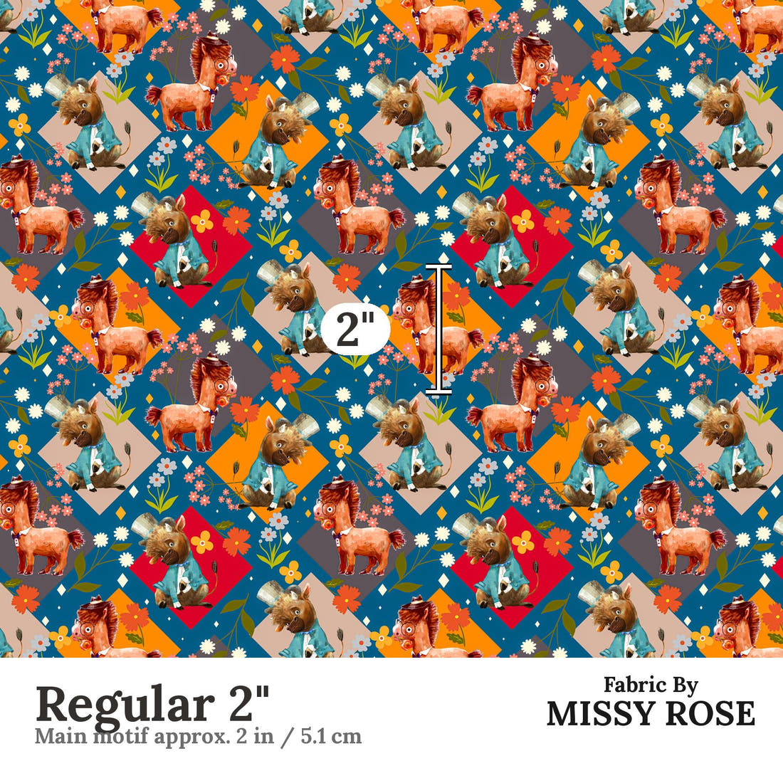 Design 904 Quirky Farm Animals Fabric Regular 2 inch print scale guide | Fabric by Missy Rose