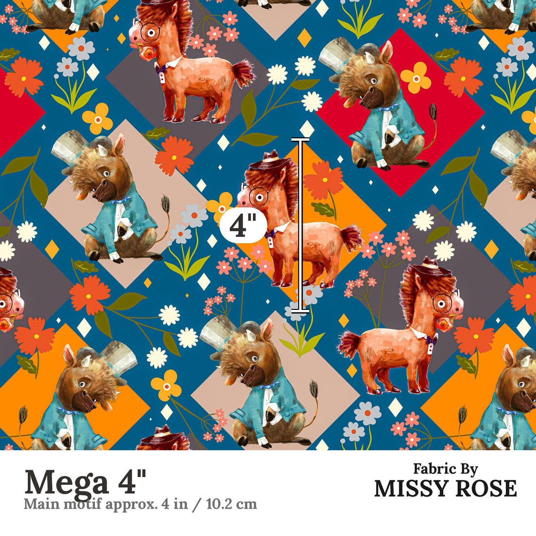 Design 904 Quirky Farm Animals Fabric Mega 4 inch print scale guide | Fabric by Missy Rose