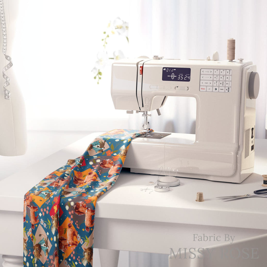 Design 904 Quirky Farm Animals Fabric on a sewing machine – premium fabric for sewing projects | Fabric by Missy Rose
