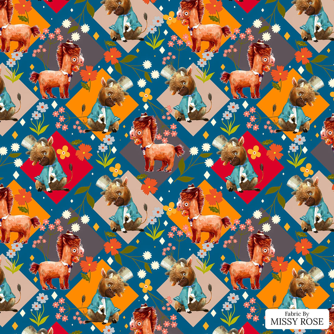 Design 904 Quirky Farm Animals Fabric – flat view of the print, zoom in for detail | Fabric by Missy Rose