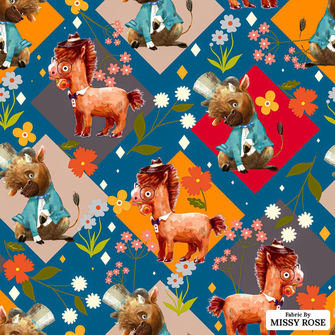 Design 904 Quirky Farm Animals Fabric – flat view of the print, zoom in for detail | Fabric by Missy Rose
