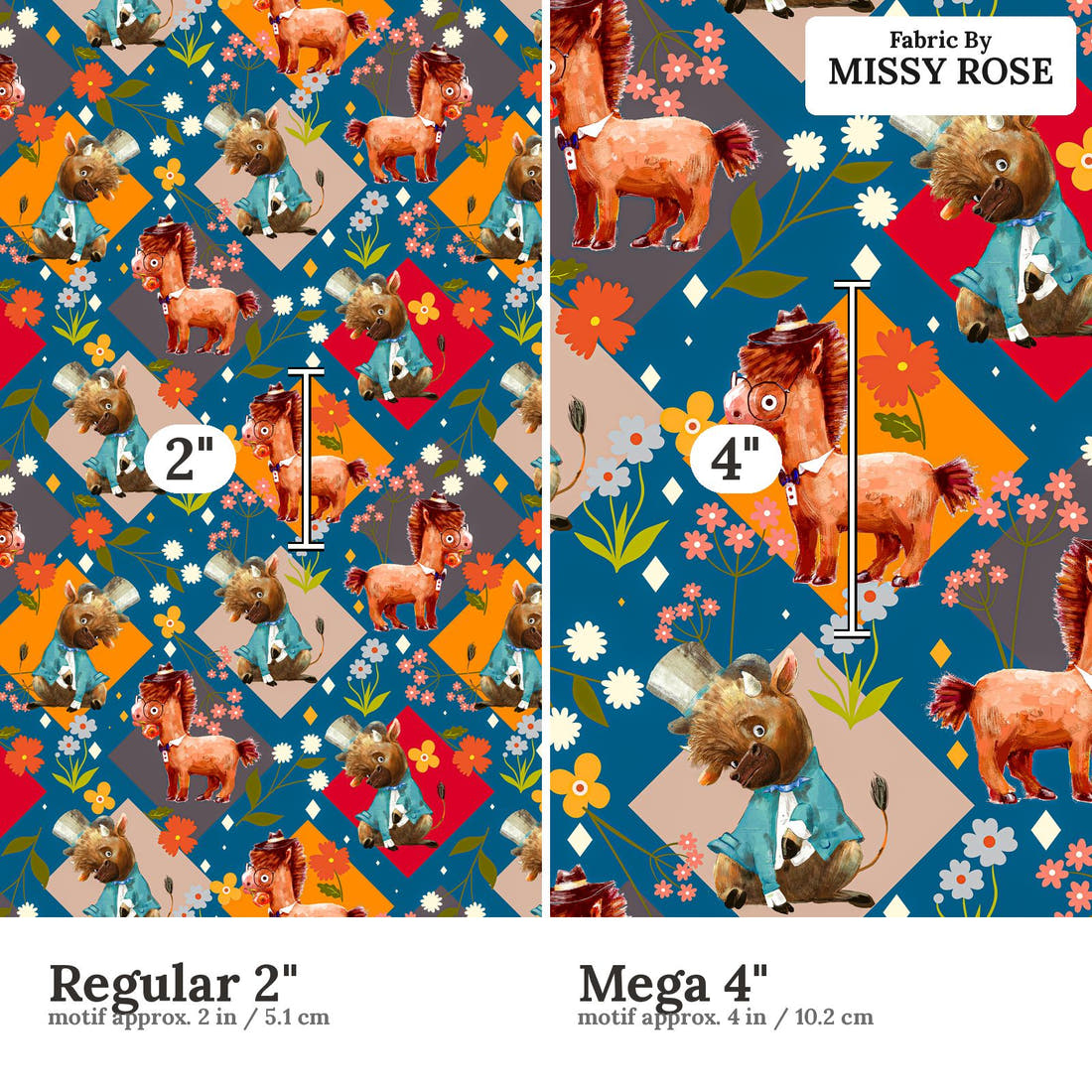 Design 904 Quirky Farm Animals Fabric Regular 2 inch vs Mega 4 inch print scale side by side | Fabric by Missy Rose