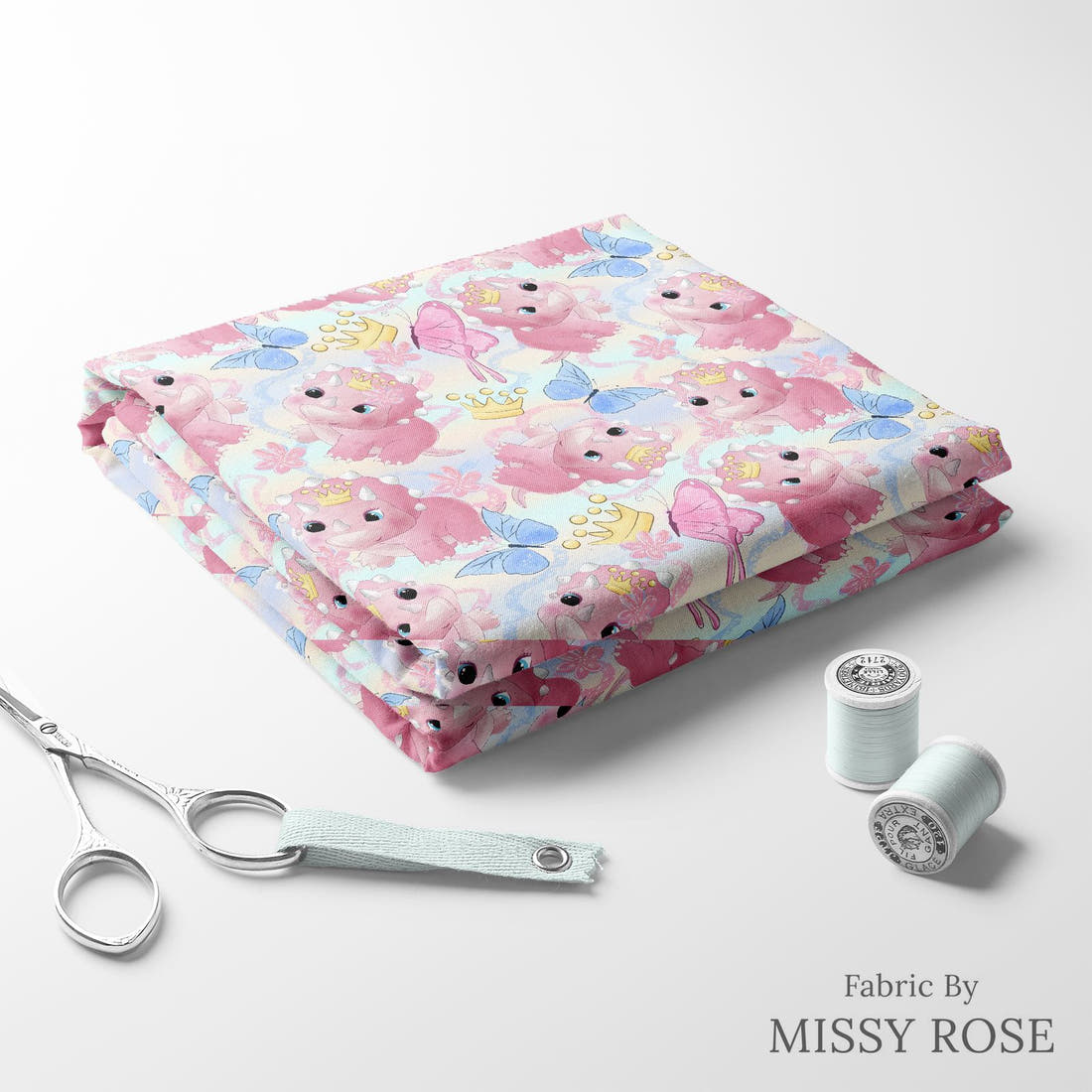 Design 905 Cute Dino Fabric folded fabric stack with matching thread – pre-order fabric Australia | Fabric by Missy Rose