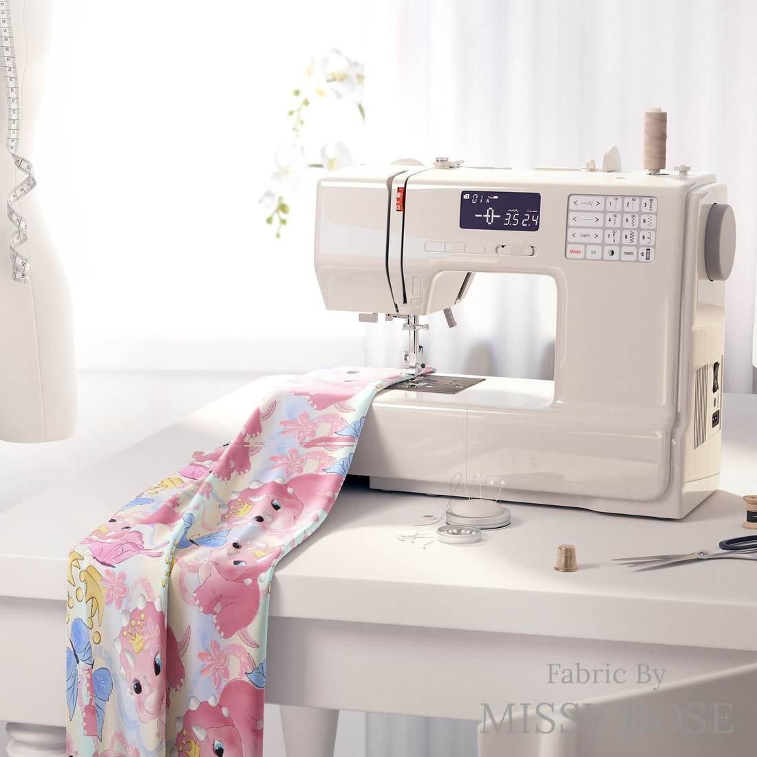 Design 905 Cute Dino Fabric on a sewing machine – premium fabric for sewing projects | Fabric by Missy Rose