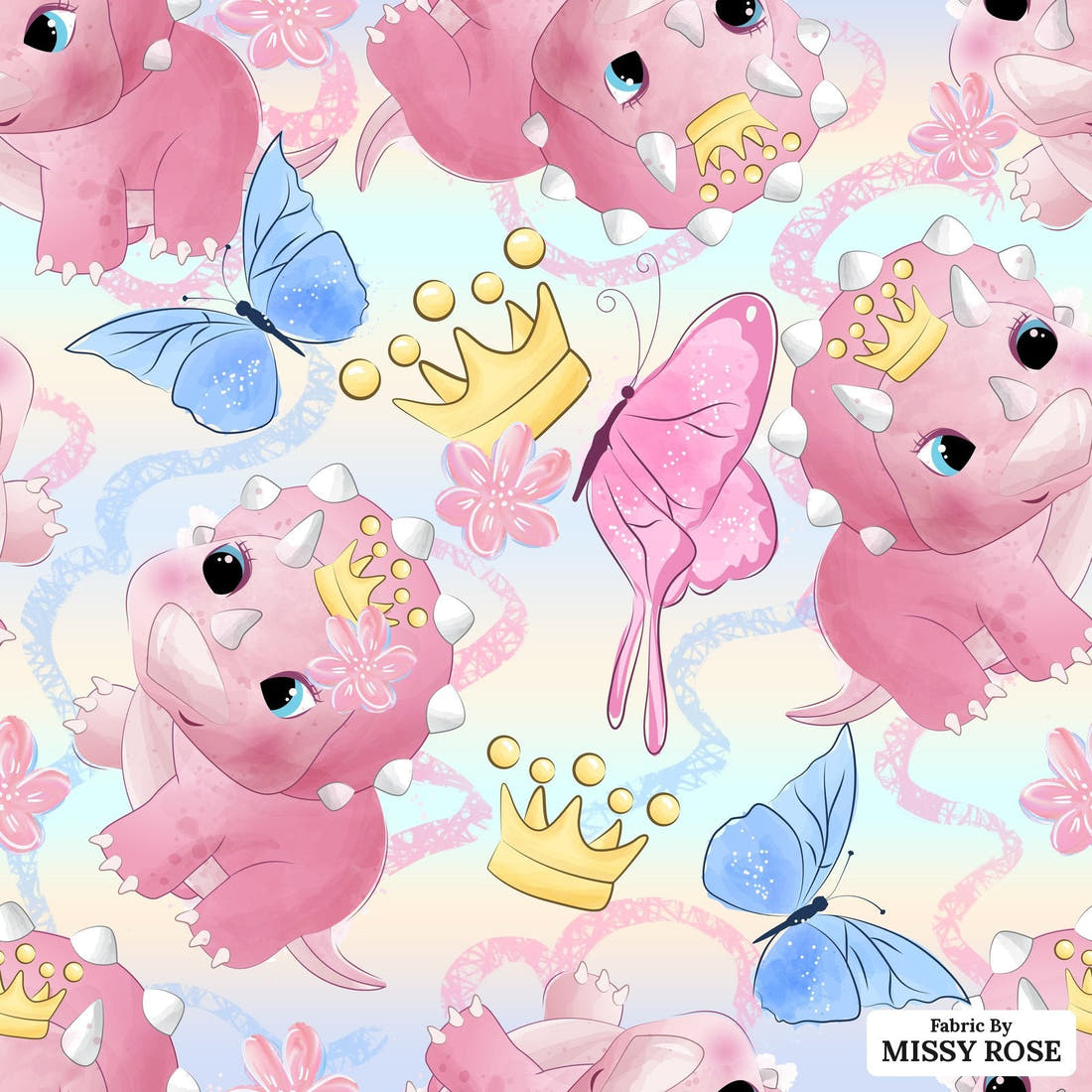 Design 905 Cute Dino Fabric – flat view of the print, zoom in for detail | Fabric by Missy Rose