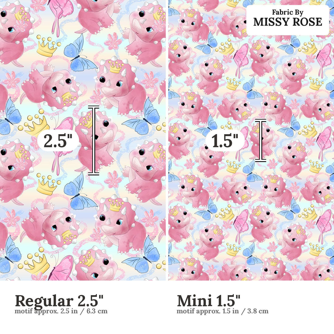 Design 905 Cute Dino Fabric Regular 2.5 inch vs Mini 1.5 inch print scale side by side | Fabric by Missy Rose