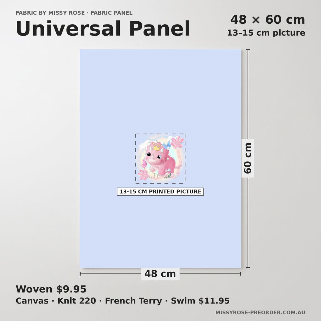 Design 905 Cute Dino Panel universal panel sizing – 13–15 cm printed picture on 48 × 60 cm fabric | Fabric by Missy Rose