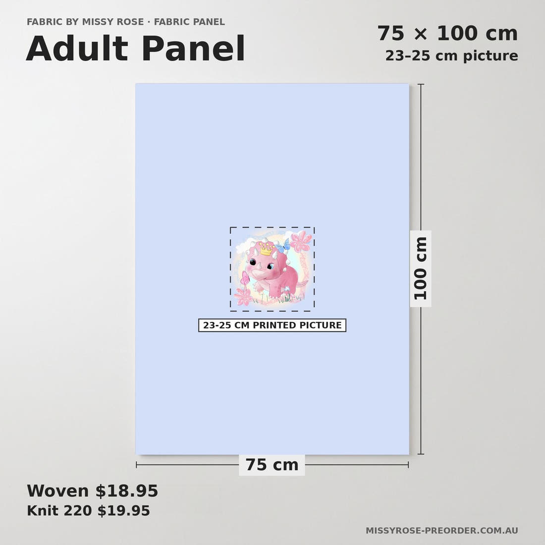 Design 905 Cute Dino Panel adult panel sizing – 23–25 cm printed picture on 75 × 100 cm fabric | Fabric by Missy Rose