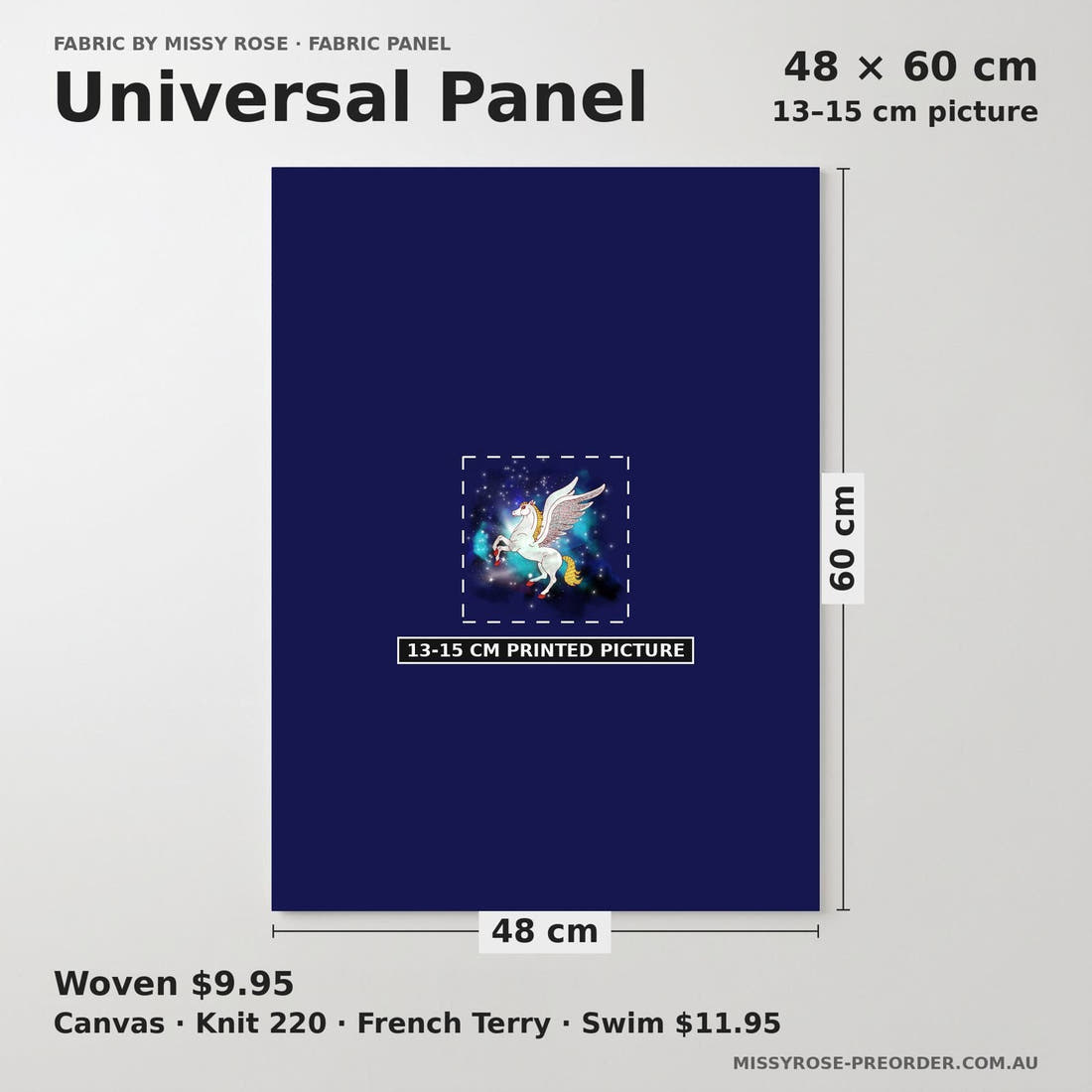 Design 906 Pegasus Panel universal panel sizing – 13–15 cm printed picture on 48 × 60 cm fabric | Fabric by Missy Rose