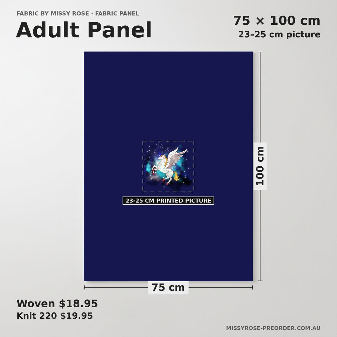 Design 906 Pegasus Panel adult panel sizing – 23–25 cm printed picture on 75 × 100 cm fabric | Fabric by Missy Rose