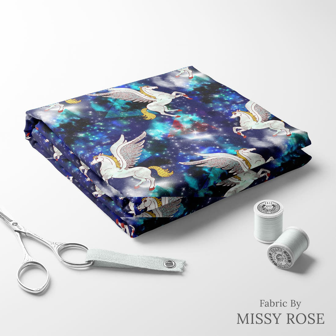 Design 906 Pegasus Fabric folded fabric stack with matching thread – pre-order fabric Australia | Fabric by Missy Rose