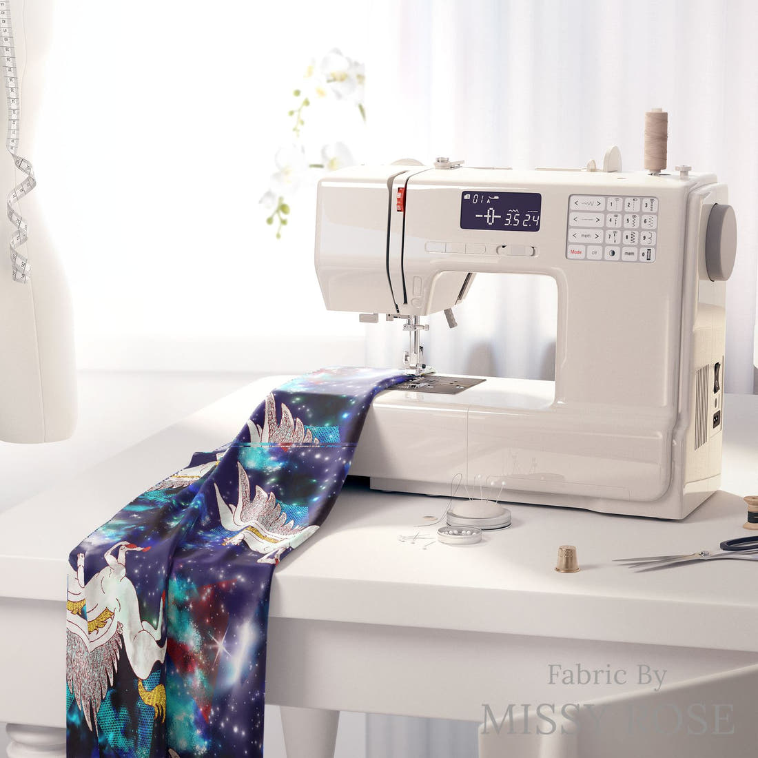Design 906 Pegasus Fabric on a sewing machine – premium fabric for sewing projects | Fabric by Missy Rose