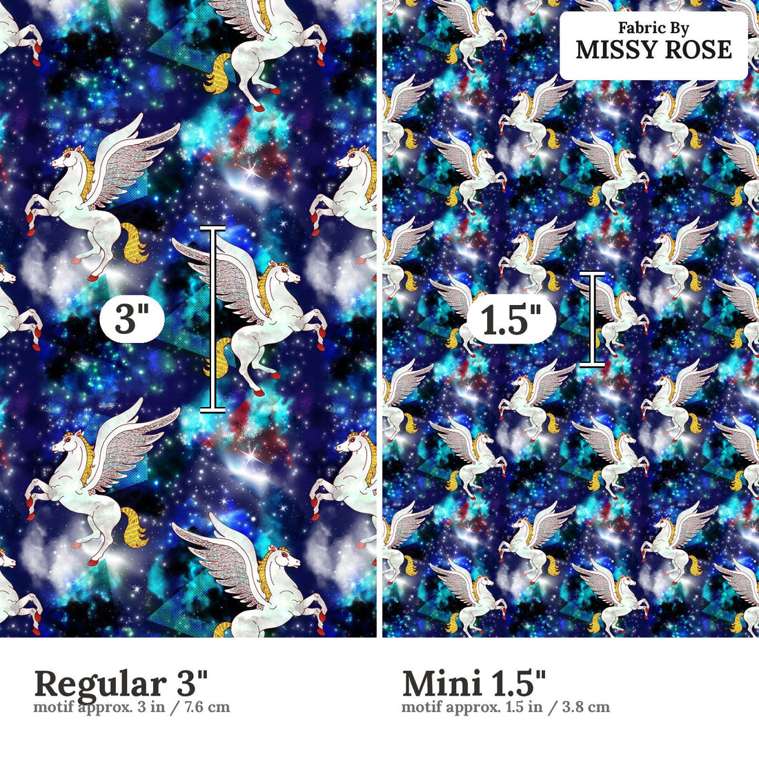 Design 906 Pegasus Fabric Regular 3 inch vs Mini 1.5 inch print scale side by side | Fabric by Missy Rose
