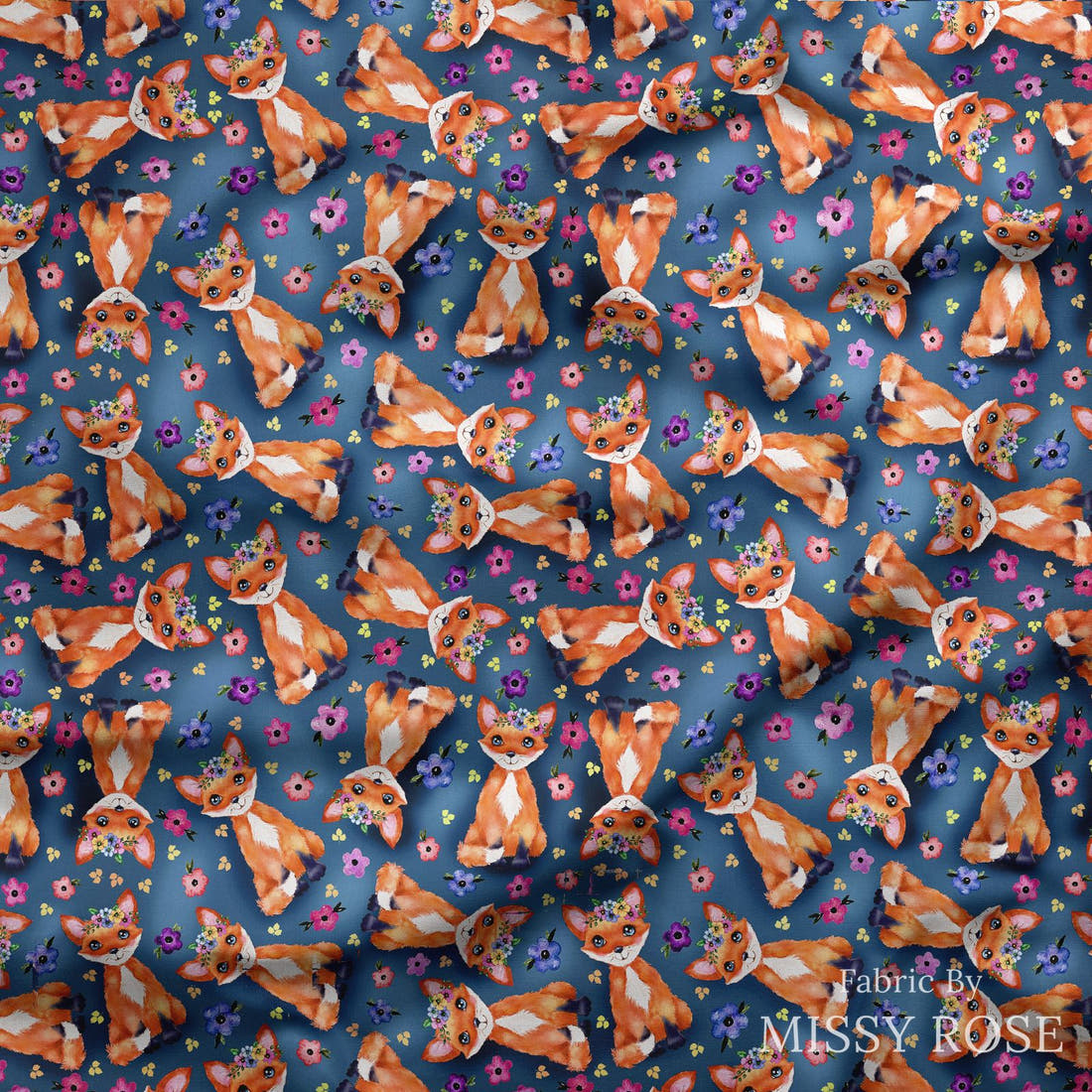 Design 907 Navy Fox Fabric draped fabric mockup – custom printed fabric by the metre | Fabric by Missy Rose