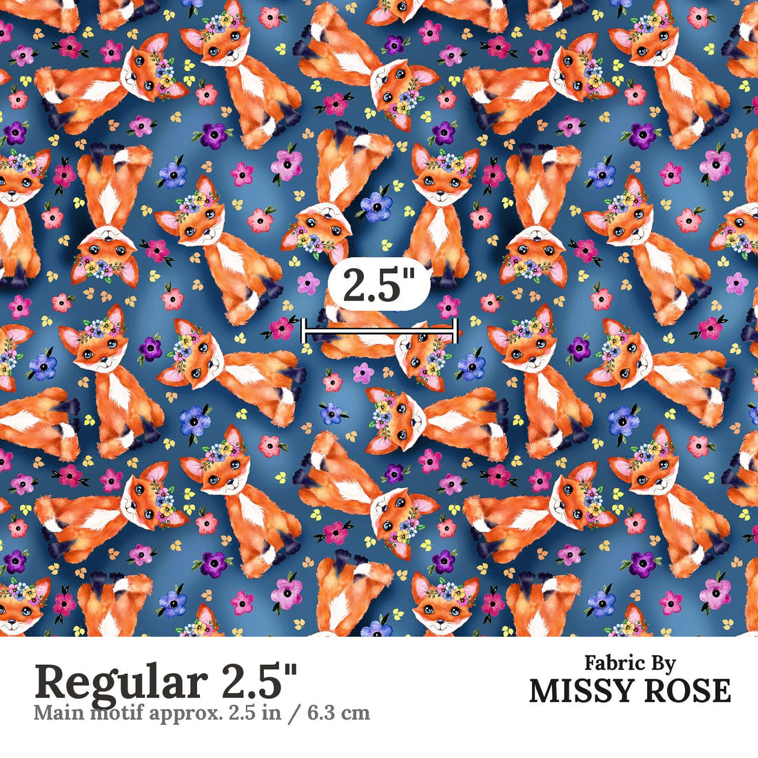 Design 907 Navy Fox Fabric Regular 2.5 inch print scale guide | Fabric by Missy Rose