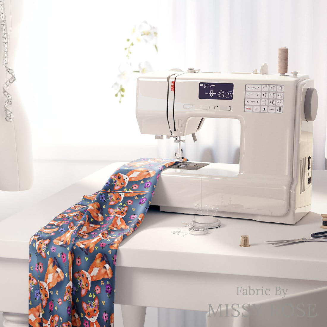 Design 907 Navy Fox Fabric on a sewing machine – premium fabric for sewing projects | Fabric by Missy Rose