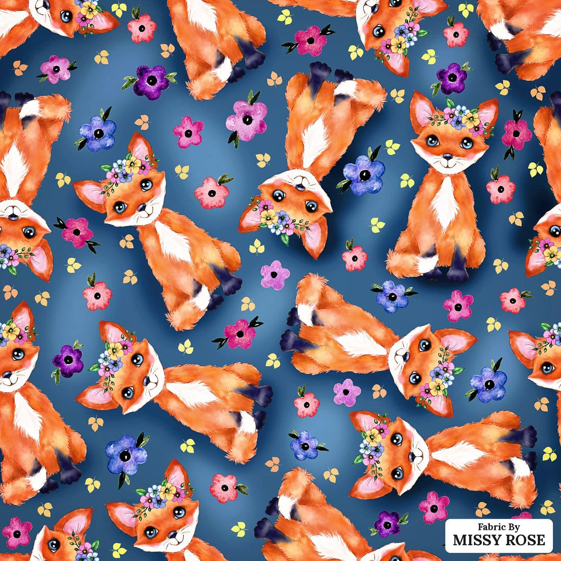Design 907 Navy Fox Fabric – flat view of the print, zoom in for detail | Fabric by Missy Rose
