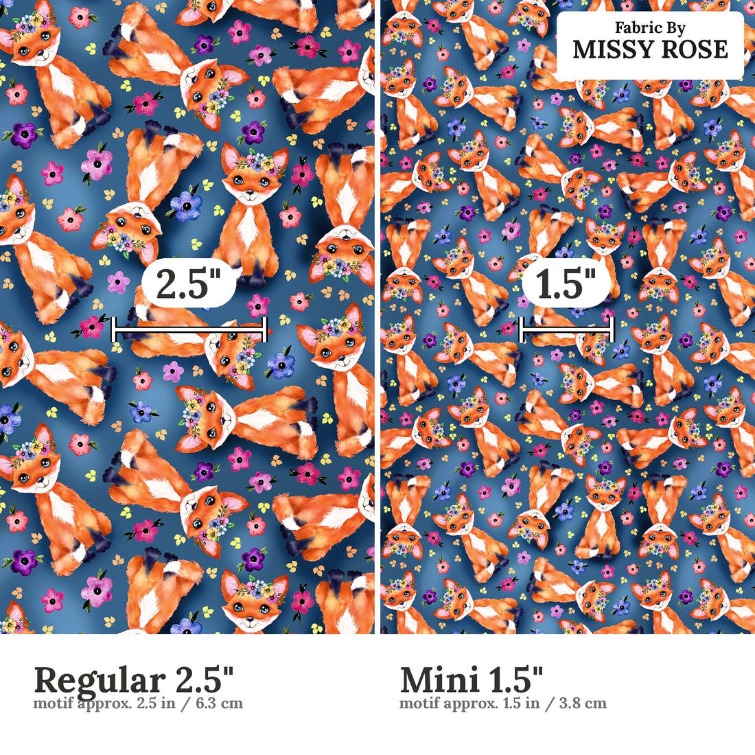 Design 907 Navy Fox Fabric Regular 2.5 inch vs Mini 1.5 inch print scale side by side | Fabric by Missy Rose