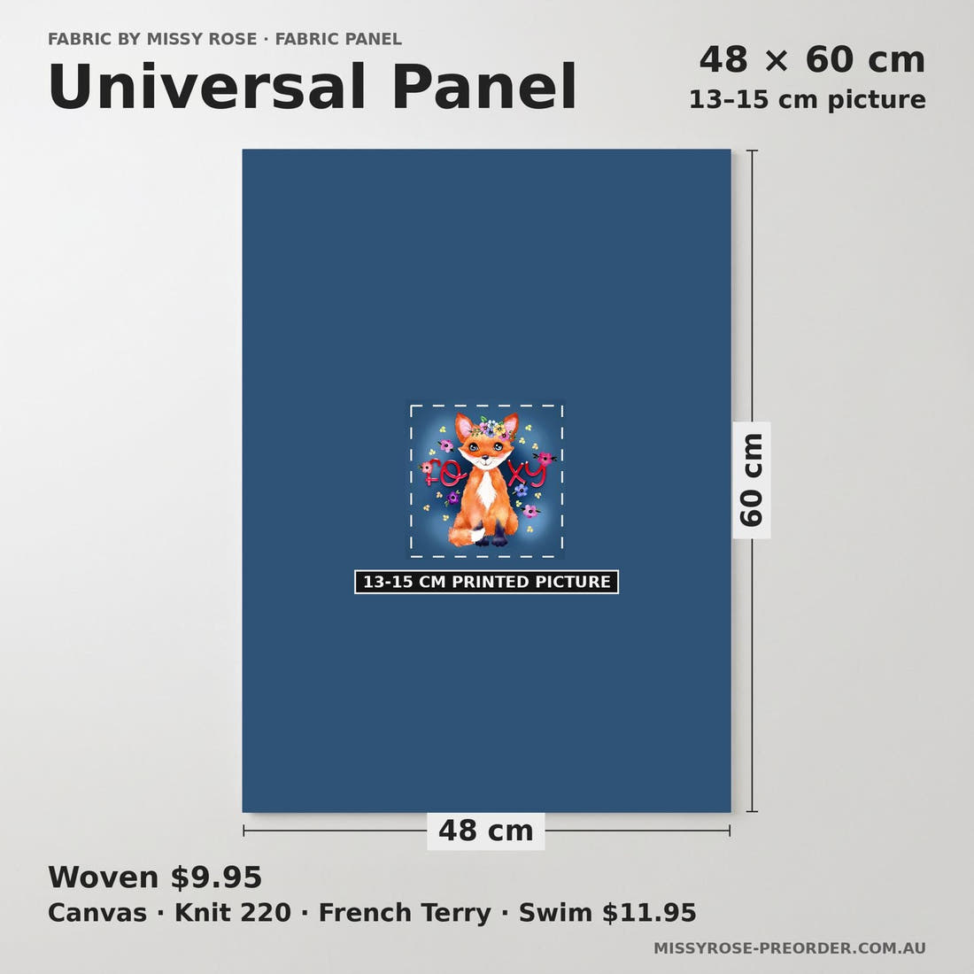 Design 907 Navy Fox Panel universal panel sizing – 13–15 cm printed picture on 48 × 60 cm fabric | Fabric by Missy Rose