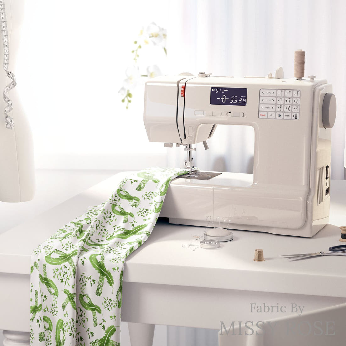 Design 908 Green Ribbon Fabric on a sewing machine – premium fabric for sewing projects | Fabric by Missy Rose