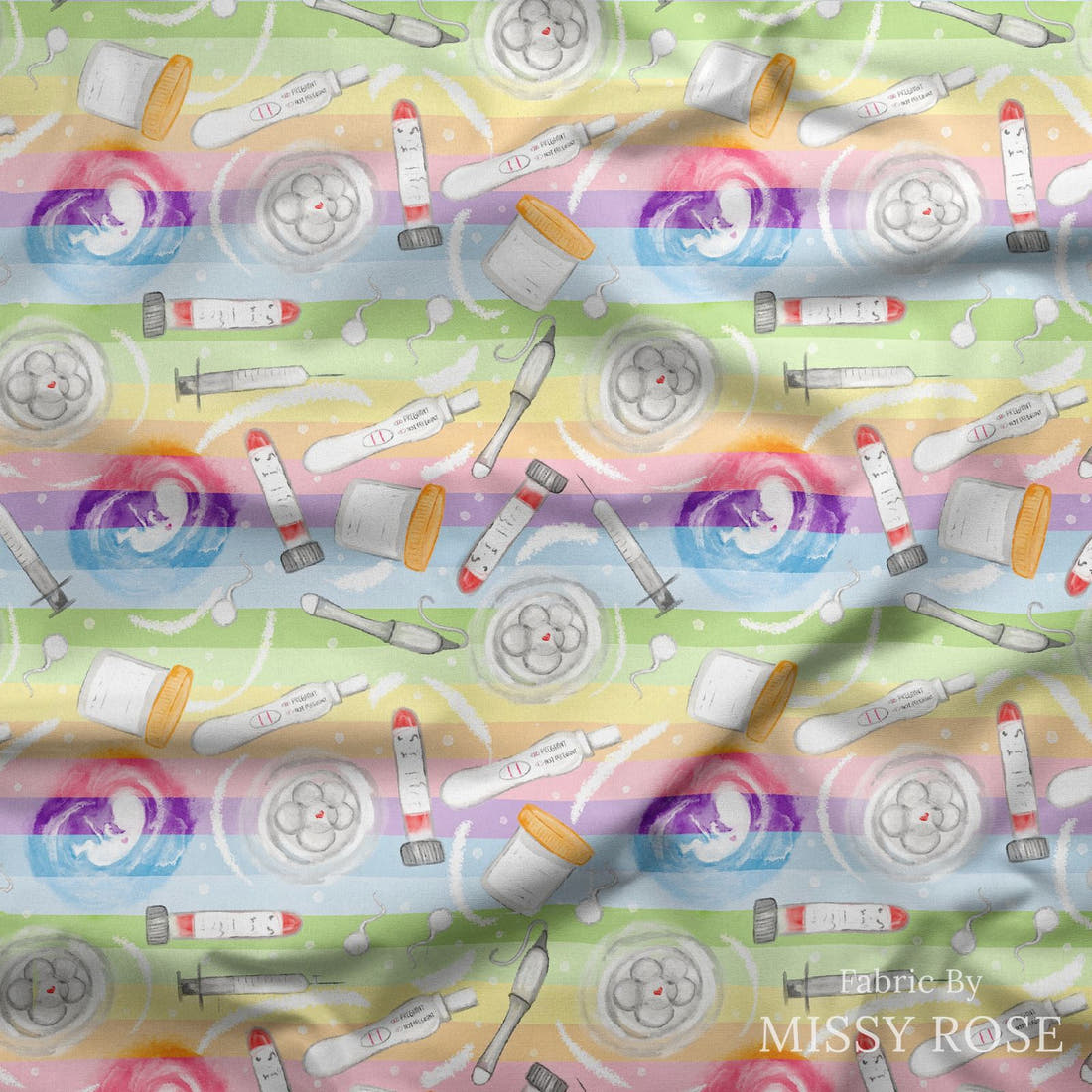 Design 909 Rainbow IVF Fabric draped fabric mockup – custom printed fabric by the metre | Fabric by Missy Rose