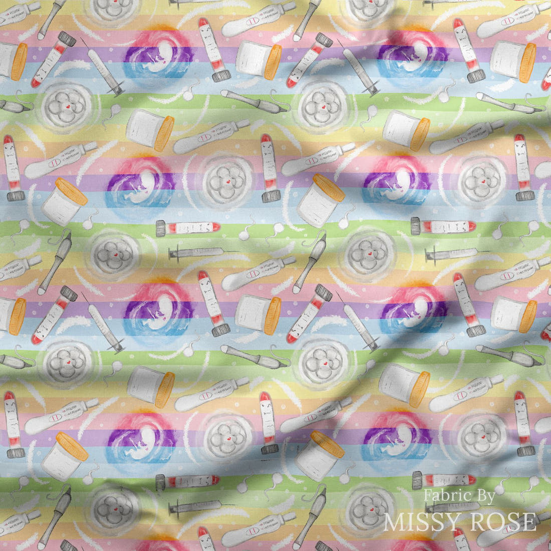 Design 909 Rainbow IVF Fabric draped fabric mockup – custom printed fabric by the metre | Fabric by Missy Rose