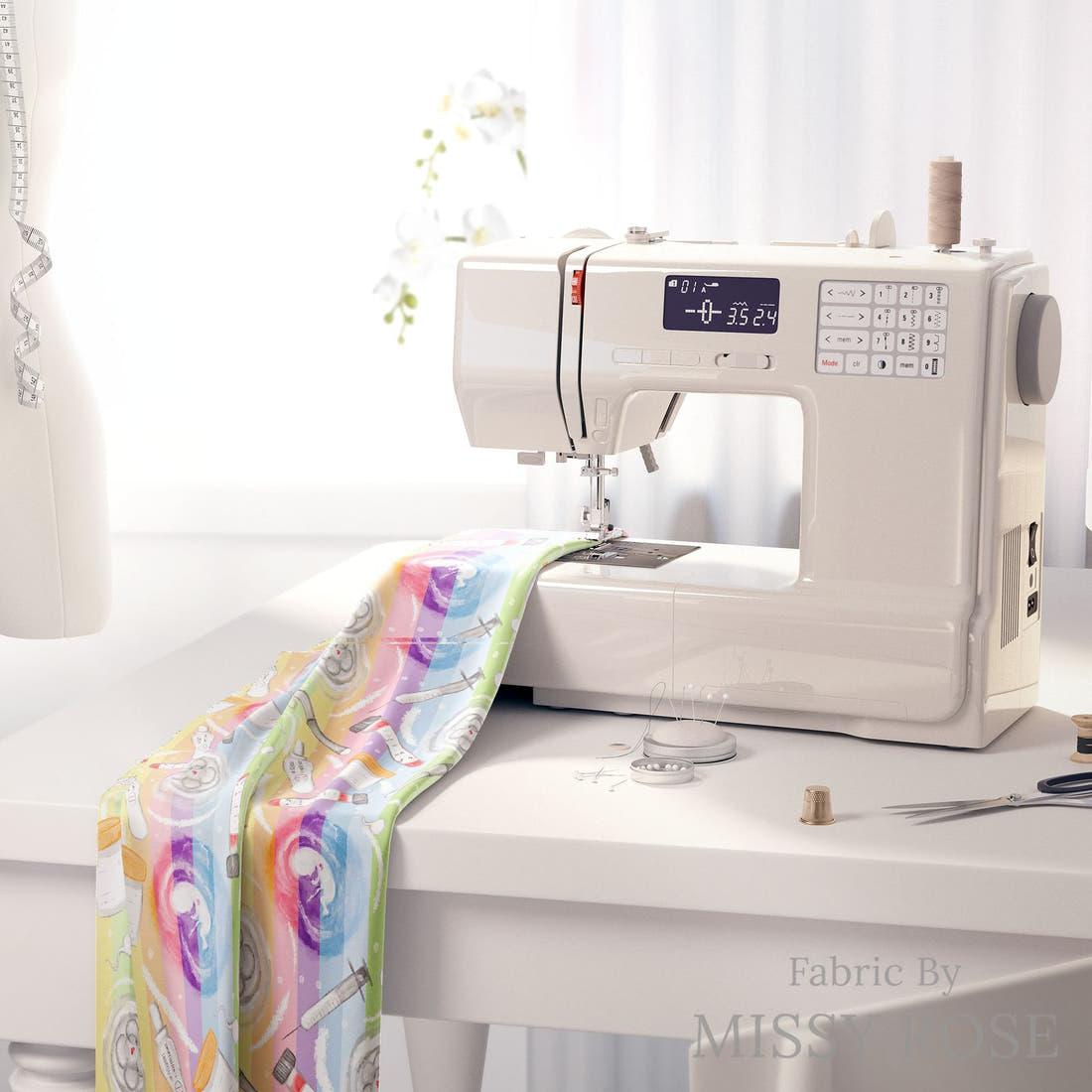 Design 909 Rainbow IVF Fabric on a sewing machine – premium fabric for sewing projects | Fabric by Missy Rose