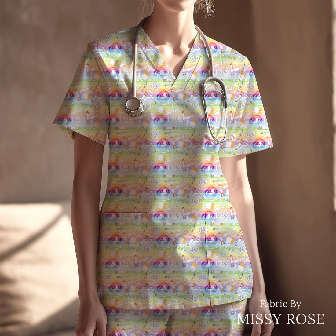 Design 909 Rainbow IVF Fabric sewn into a scrubs top – see how the print looks made up | Fabric by Missy Rose