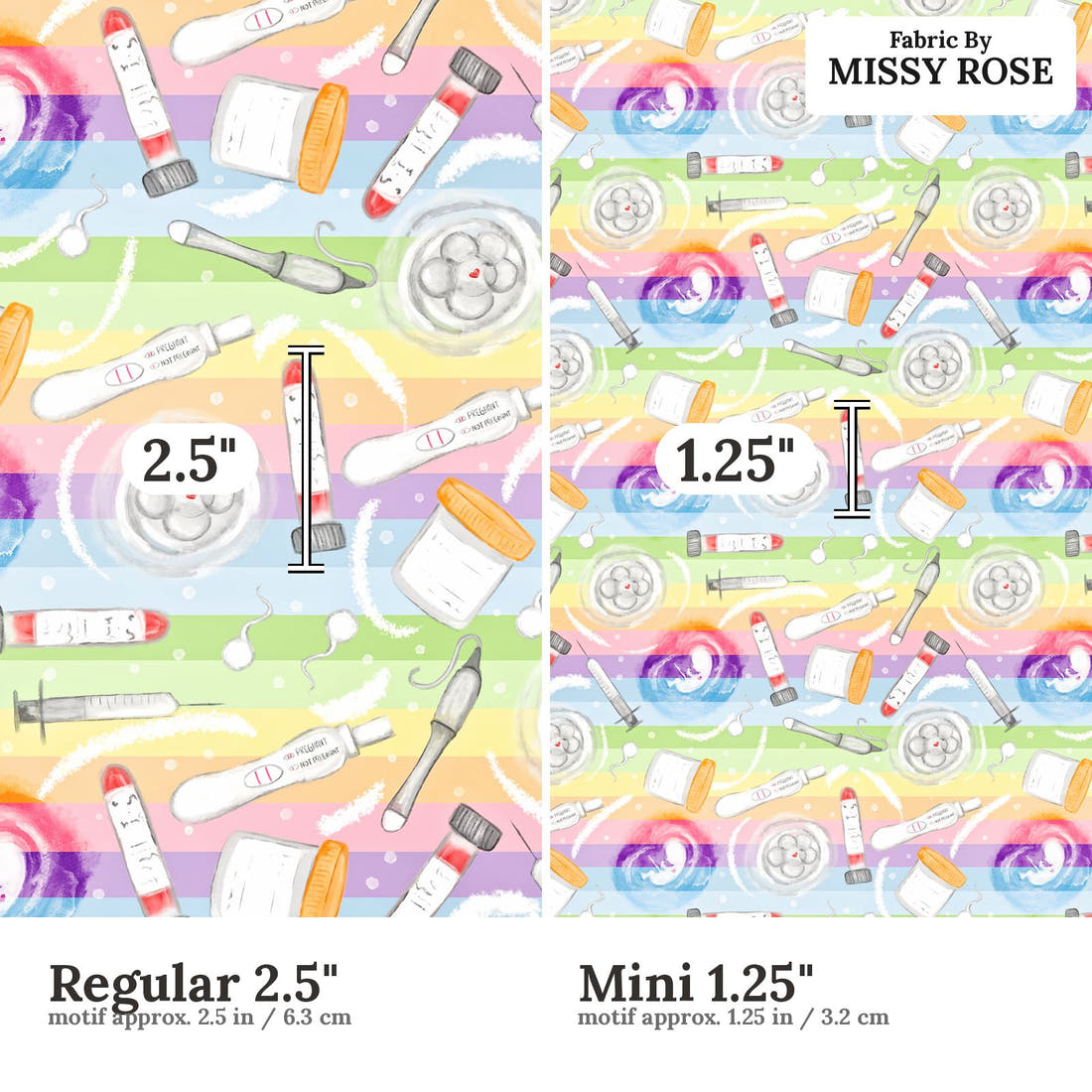 Design 909 Rainbow IVF Fabric Regular 2.5 inch vs Mini 1.25 inch print scale side by side | Fabric by Missy Rose