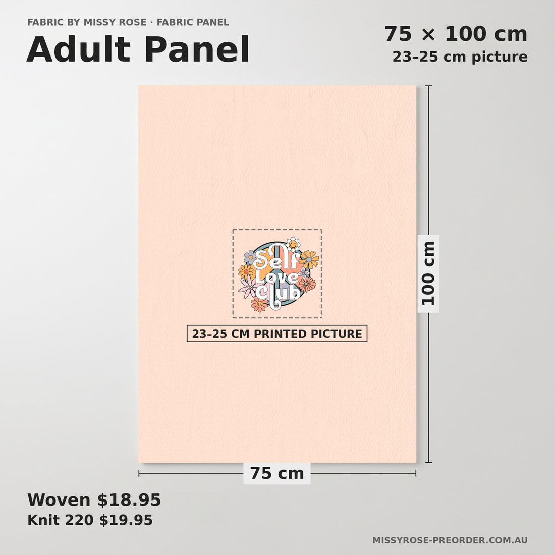 Design 91 Self Love Panel adult panel sizing – 23–25 cm printed picture on 75 × 100 cm fabric | Fabric by Missy Rose