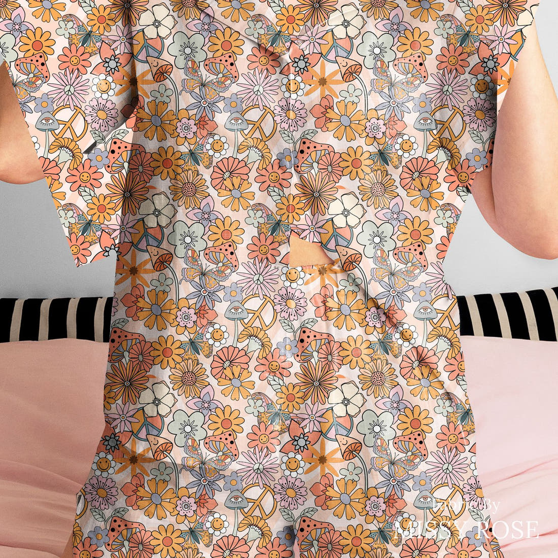Design 91 Self Love Fabric sewn into a women's pyjama set – see how the print looks made up | Fabric by Missy Rose