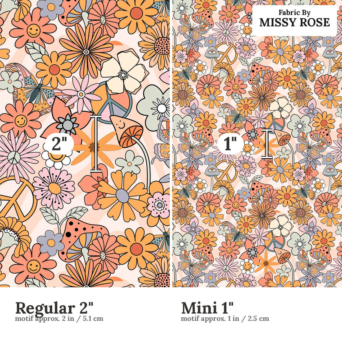 Design 91 Self Love Fabric size comparison - print scale | Fabric by Missy Rose