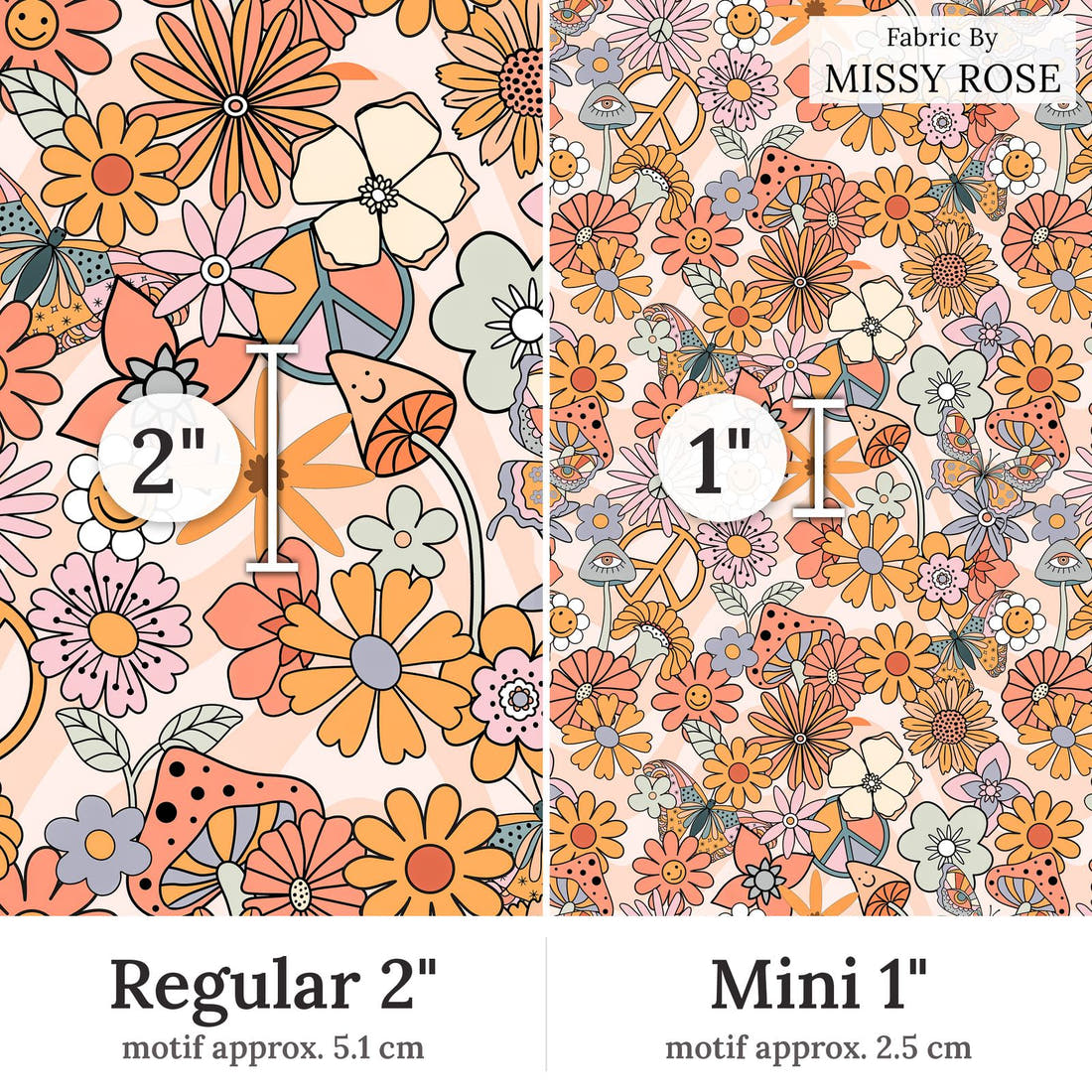 Design 91 Self Love Fabric Regular 2 inch vs Mini 1 inch print scale side by side | Fabric by Missy Rose