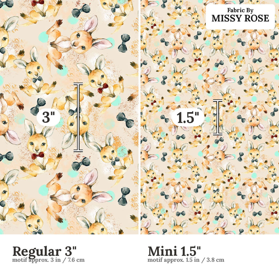 Design 910 Kangaroo Fabric Regular 3 inch vs Mini 1.5 inch print scale side by side | Fabric by Missy Rose