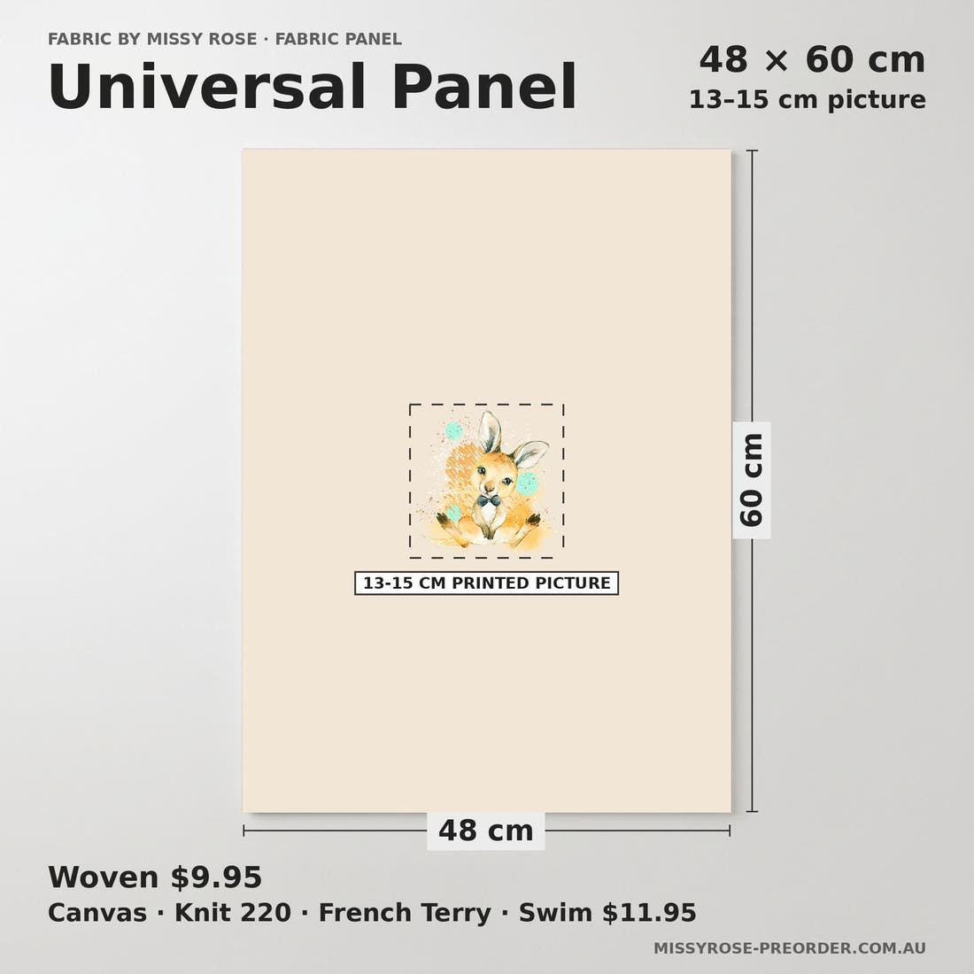Design 910 Kangaroo Panel universal panel sizing – 13–15 cm printed picture on 48 × 60 cm fabric | Fabric by Missy Rose