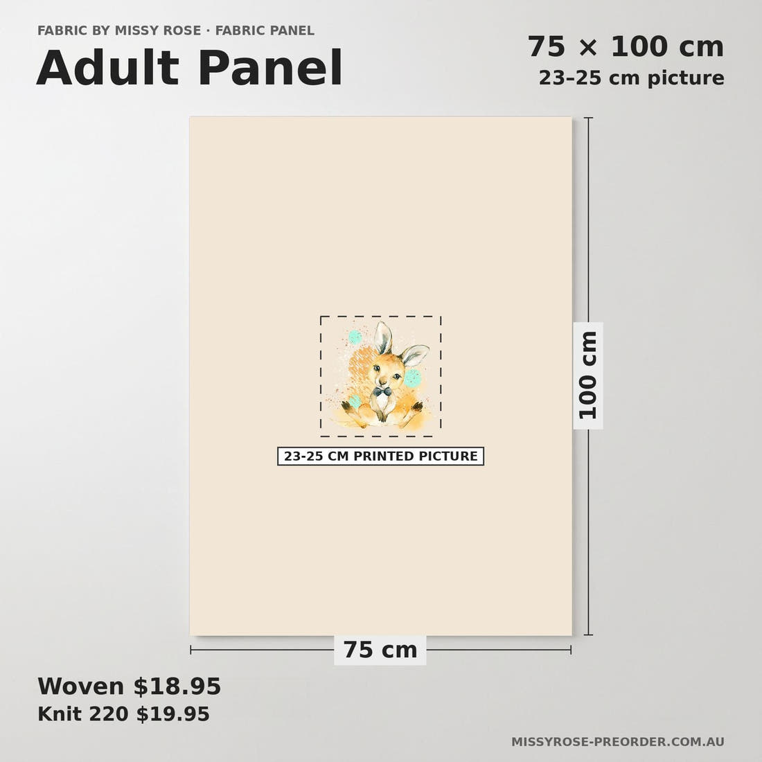 Design 910 Kangaroo Panel adult panel sizing – 23–25 cm printed picture on 75 × 100 cm fabric | Fabric by Missy Rose