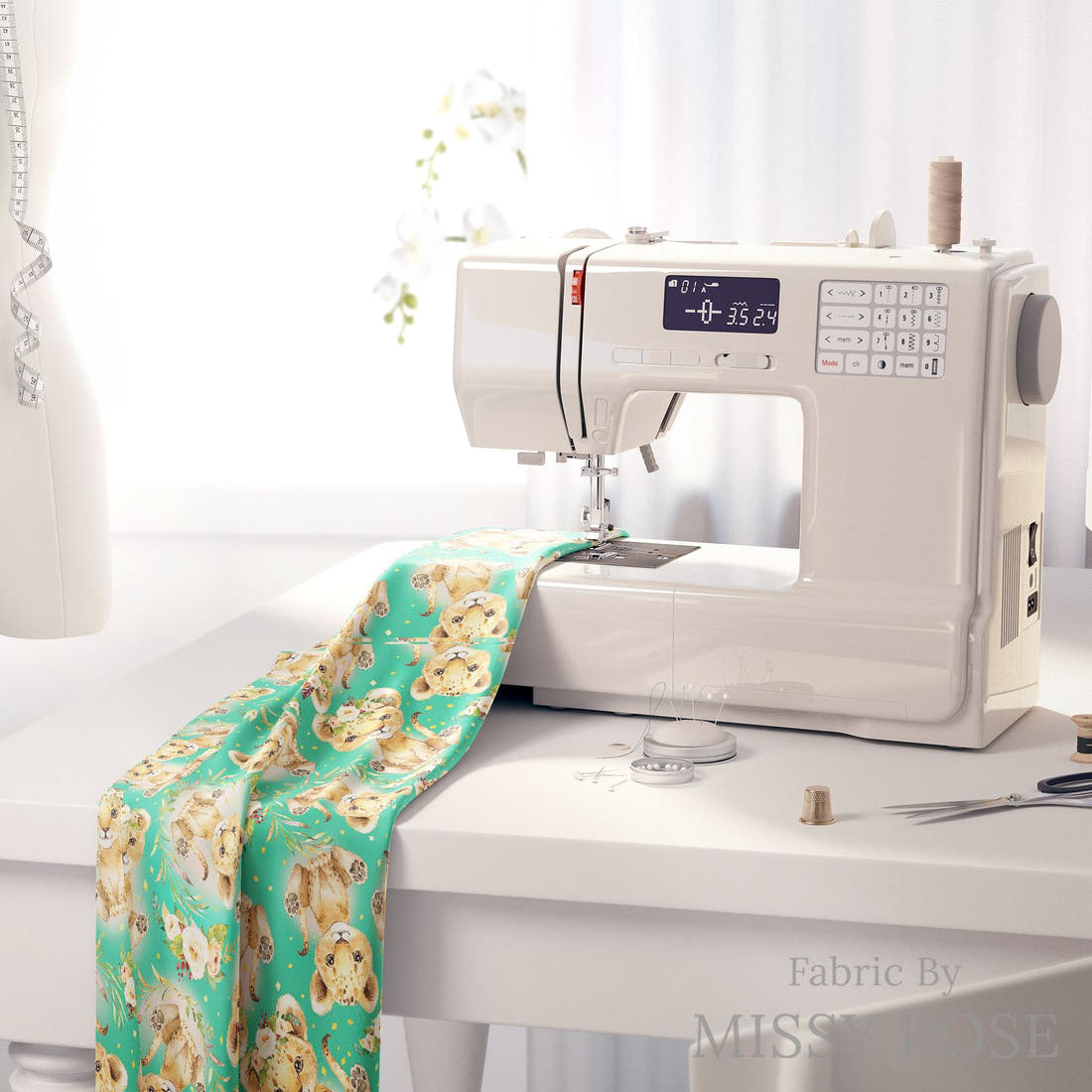 Design 911 Teal Lion Fabric on a sewing machine – premium fabric for sewing projects | Fabric by Missy Rose
